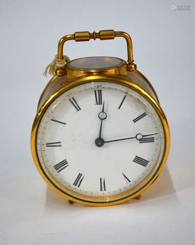 A brass cased drum carriage clock, the 8-day movement with lever escapement window