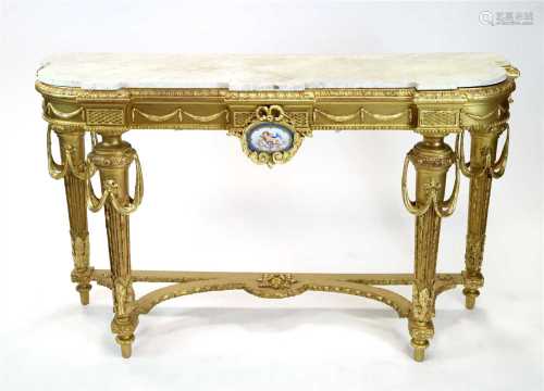 A decorative 19th century gilt carved wood and moulded plaster marble-topped console table