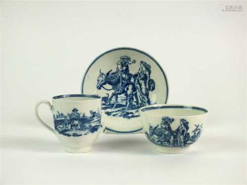A rare Caughley 'Travellers' trio of coffee cup, tea bowl and saucer