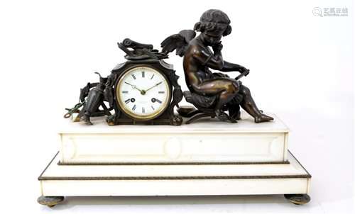 A French bronze and white marble mantel clock by F.L. Hausburg, Paris