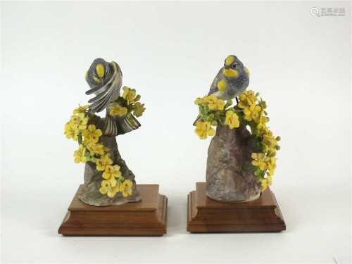 A pair of Royal Worcester figures of Audubon Warblers on Palo Verdi