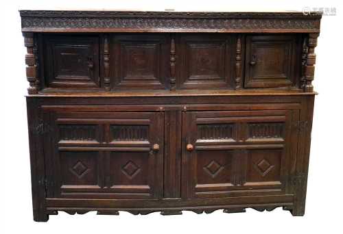 A large 17th century and later country oak court cupboard