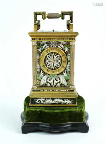 A French mid-late 19th century champleve enamel cased carriage clock on stand