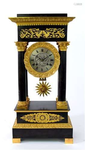 A French ormolu and bronze empire style portico clock