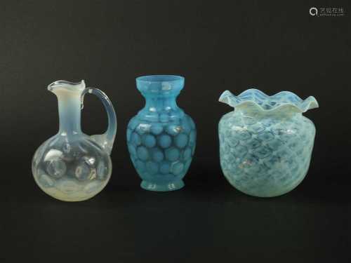 A Sowerby glassworks opal lattice vase and two moonstone vases