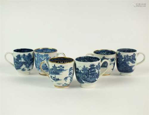 Five Caughley blue and white porcelain coffee cups