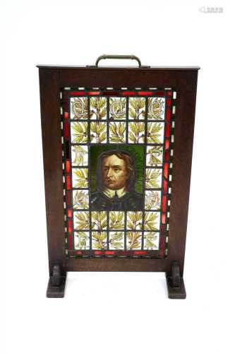 A decorative 19th century oak framed stained glass panel / screen portrait of Oliver Cromwell