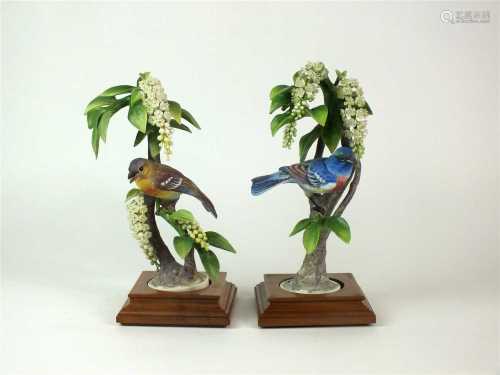 A pair of Royal Worcester models of Lazuli Bunting on Choke Cherry