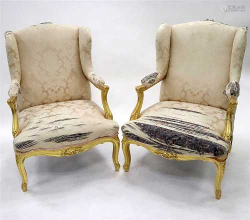 Pair of Louis XV style wing back upholstered chairs