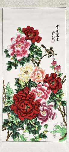 A CHINESE SCROLL PAINTING OF PEONY