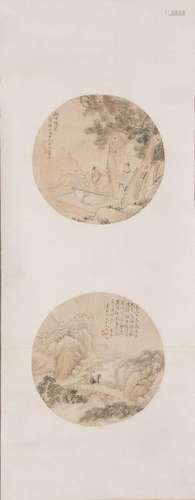 A CHINESE DOUBLE FAN SCROLL PAINTING