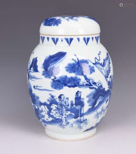 A BLUE AND WIHTE 'FIGURAL' PORCELAIN JAR WITH COVER