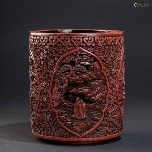 A CINNABAR LACQUER BRUSH POT