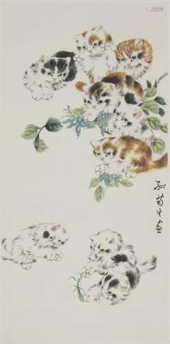 A CHINESE SCROLL PAINTING OF KITTEN MOTIF, AFTER SUN