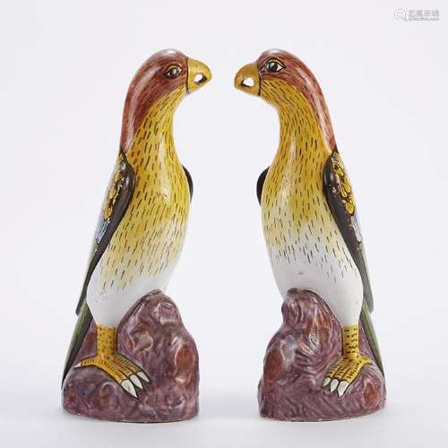 Pair of Faience Tin Glazed Ceramic Parrots