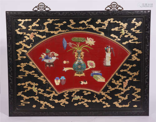 CHINESE GEM STONE INLAID GOLD PAINTED LACQUER HARDWOOD ZITAN WALL HANGED SCREEN