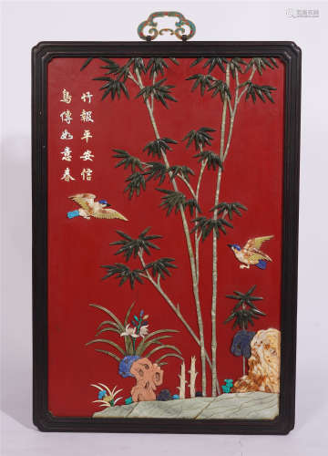 CHINESE GEM STONE INLAID RED LACQUER ROSEWOOD WALL HANGED SCREEN