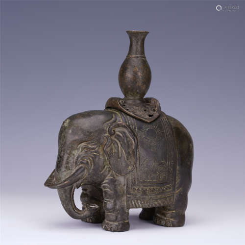 CHINESE BRONZE ELEPHANT WITH VASE INCENSE CAGE