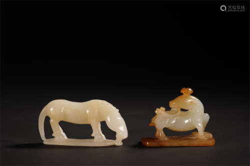 TWO CHINESE JADE HORSE AND DEER TABLE ITEMS