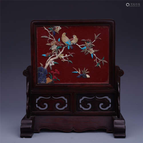 CHINESE GEM STONE INLAID LACQUER ROSEWOOD TABLE SCREEN