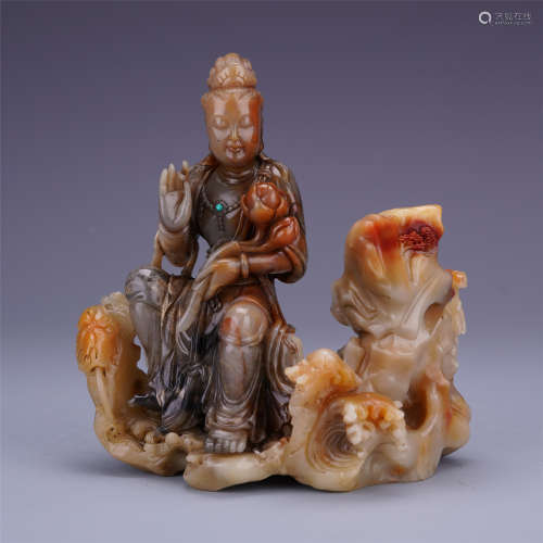 CHINESE SOAPSTONE SEATED BUDDHA ON ELEPHANT