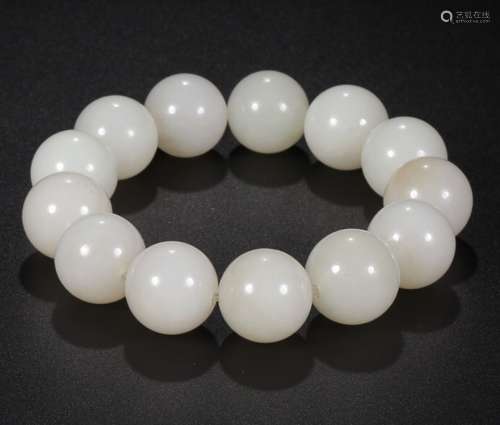 WHITE HETIAN JADE 13 ROUND BEADS BANGLE