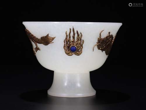 ROYAL STYLE HETIAN JADE DOUBLE DRAGON SILVER  GILT CUP