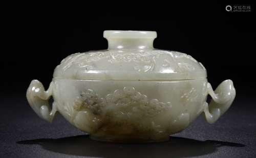 HETIAN JADE & COLOR CARVED DOUBLE LING ZHI EARS CENSER