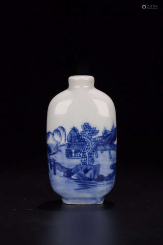 A LANDSCAPE PATTERN BLUE AND WHITE SNUFF BOTTLE