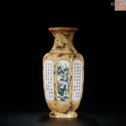 A 'QIANLONG'MARK STONE PATTERN GLAZE LANDSCAPE PEOTRY VASE