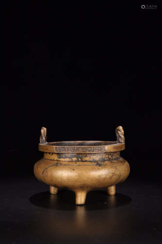 A BRONZE DOUBLE EARS THREE BASES CENSER