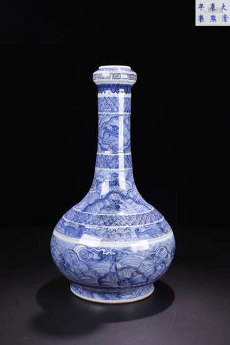 A 'KANGXI'MARK BLUE AND WHITE  DRAGON AND WAVE PATTERN LONG NECK VASE