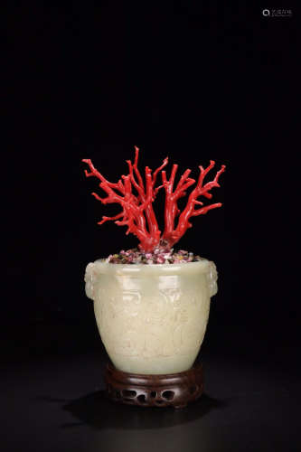 A HETIAN JADE EMBEDED RED CORAL POTTED PLANT