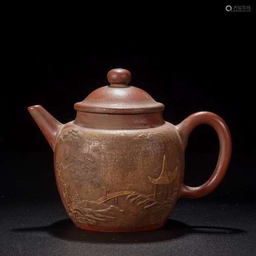 A 'YIPINTANG'MARK LANDSCAPE PEOTRY PURPLE CLAY TEA POT