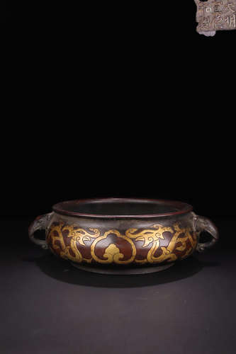 A GILT BRONZE DOUBLW DRAGON PATTERN ELEPHANT SHAPED EARS CENSER