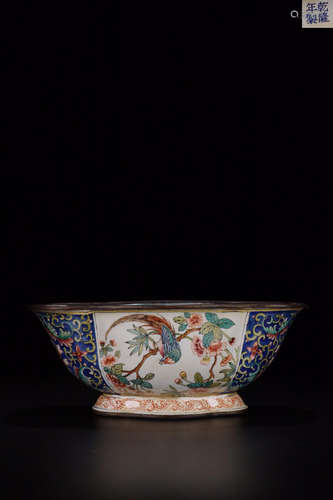 A BRONZE ENAMELED FLOWER AND BIRD PATTERN BEGONIA FLOWER SHAPED BOWL