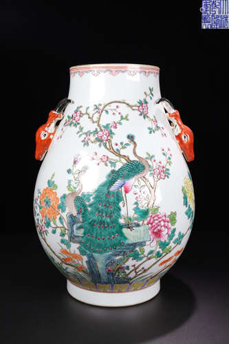 A 'QIANLONG 'MARK FAMILLE ROSE 'FENGQIUHUANG' DEER SHAPED VASE