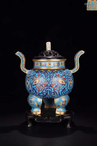 A BRONZE CLOISONNE THREE BEASES DOUBLE EARS CENSER