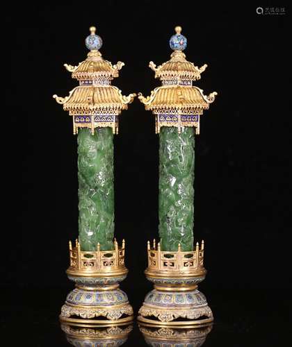 QIAN LONG NIAN ZHI  MARK CLOISONNE EMBEDDED HETIAN JASPER CAVERD STORY
INCENSE TUBE FOR 2