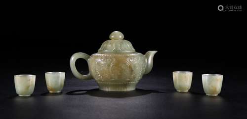 HETIAN JADE & COLOR TEA POT & 4 CUPS