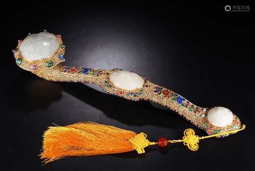 SILVER GILT  EMBEDDED WHITE JADE RU YI ORNAMENT