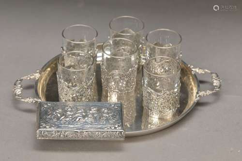 tray with six schnapps glasses and box