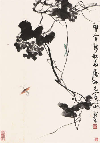 金默如(1938-2019) 葡萄草虫 设色纸本 立轴