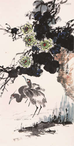 卢光照(1914-2001) 芙蓉双鹭图 设色纸本 立轴