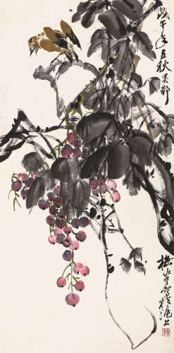 颜梅华(b.1927) 葡萄翠鸟 设色纸本 镜片
