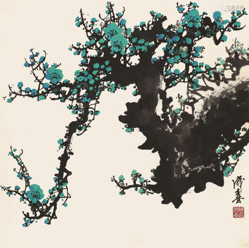 王成喜(b.1940) 绿梅 设色纸本 立轴
