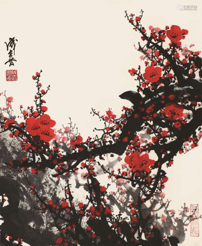 王成喜(b.1940) 红梅 设色纸本 立轴