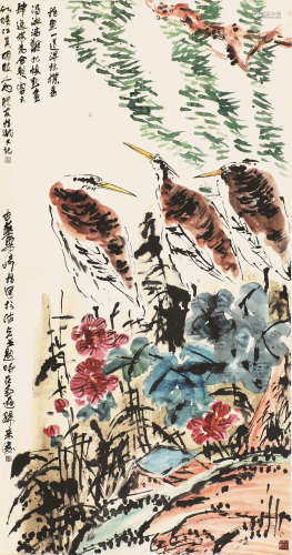 梁 崎(1909-1996) 溪边 设色纸本 立轴