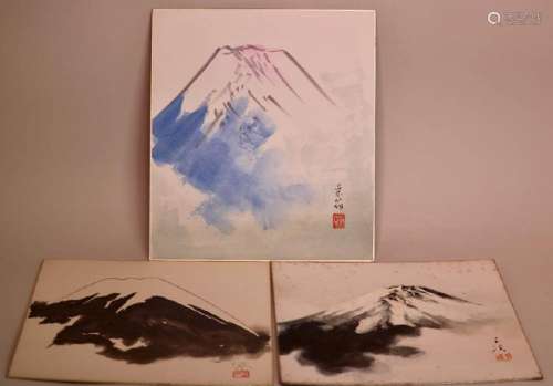 Japanese Water Color of Mt Fuji - Group of three