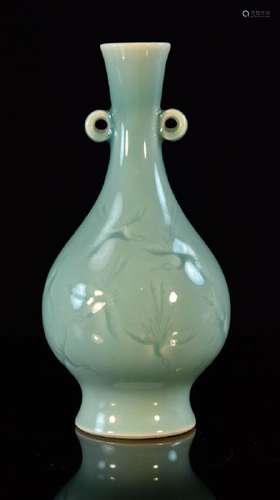 Japanese Celadon Studio Porcelain Vase with Incised